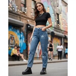 Star Print Jeans Trendy Denim Pants with Distressed Accents‎